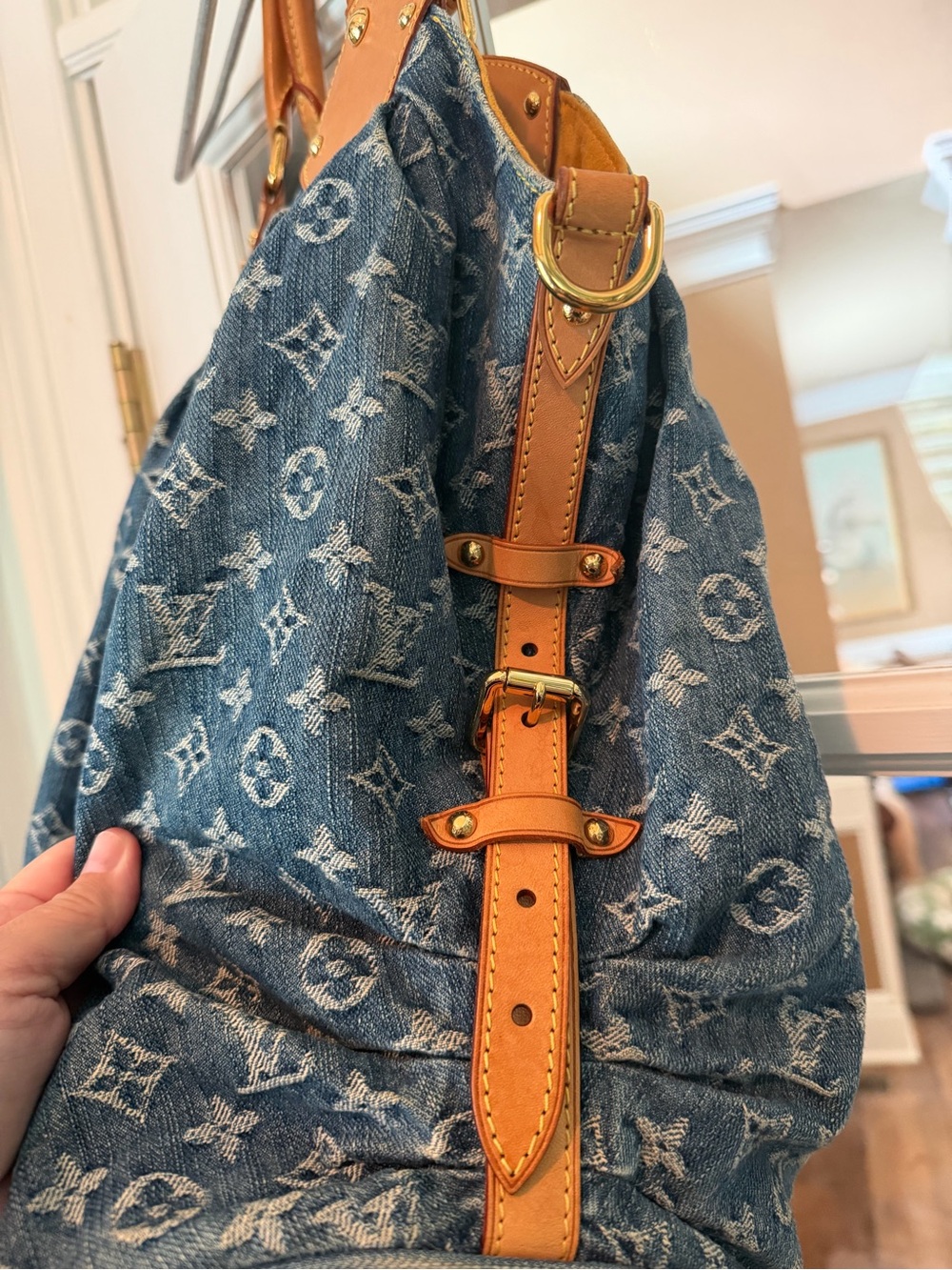 Louis Vuitton Blue Monogram Denim Shoulder XL Hobo with Tan Trim - Picture 3 of 8